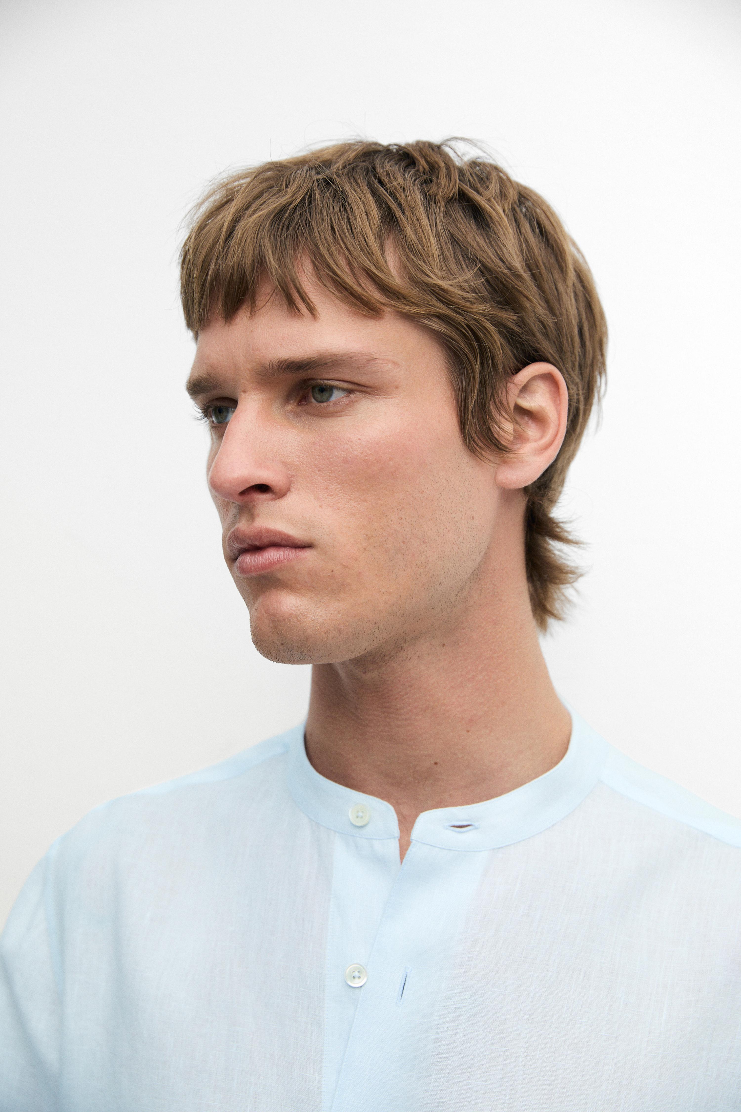 100% linen regular fit stand collar shirt
